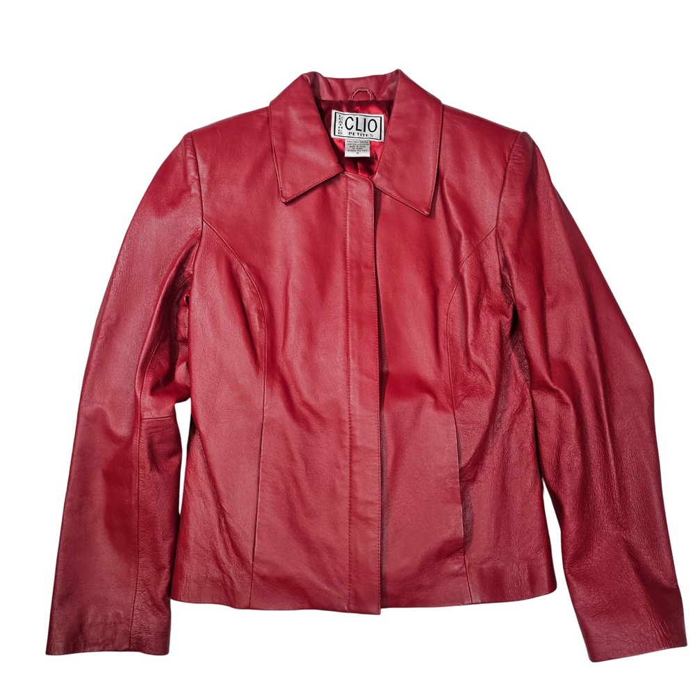 Clio Vintage 90s Petites Leather Full Zip Blazer Jacket Burgundy Red Womens 4 P